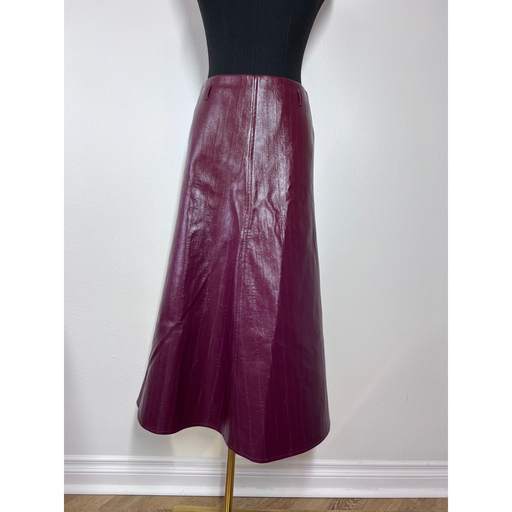 J.Crew Collection Faux Leather Midi Skirt Wine Burgundy Textured Glossy Size 00 - Picture 2 of 8